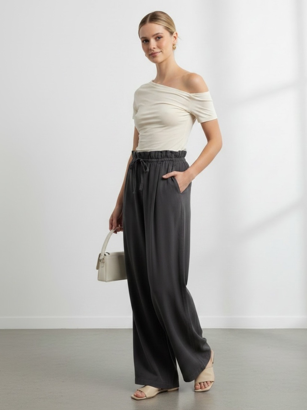 1512 • Charcoal Chambray Lyocell Soft Belted Stretch Waist Wide Leg Pocket Pants